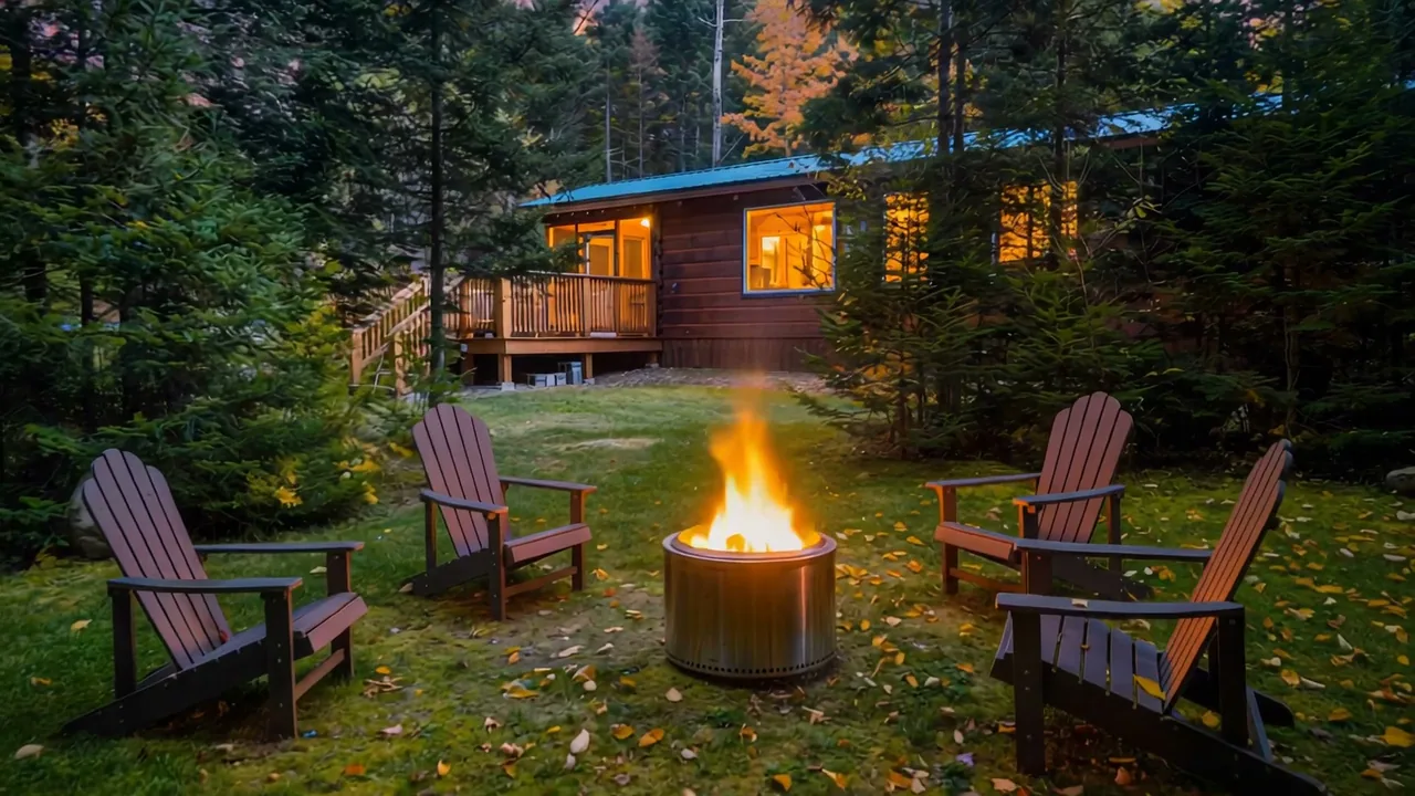 The fire pit lit at dusk in front of The Modern Pine