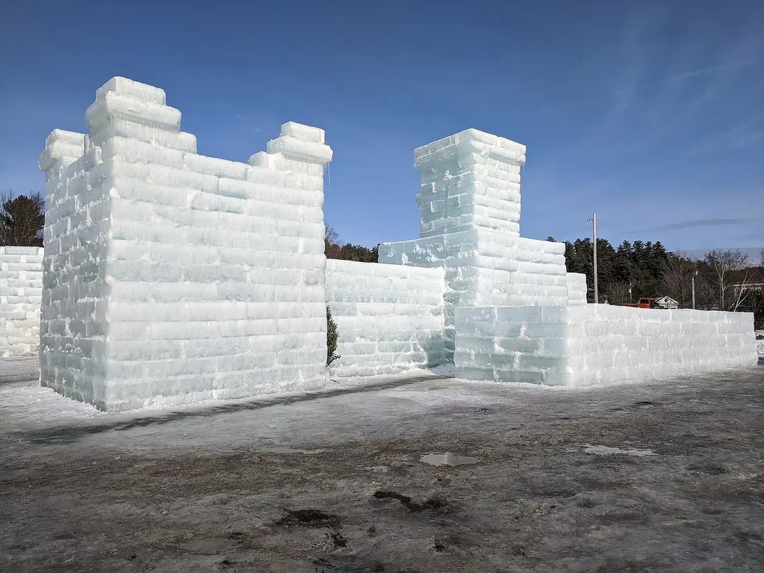 The Saranac Lake Winter Carnival ice palace, built from blocks of lake ice
