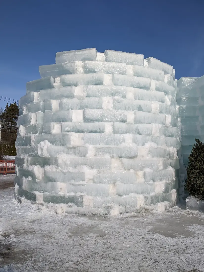 An ice-block tower of the Saranac Lake Winter Carnival ice palace