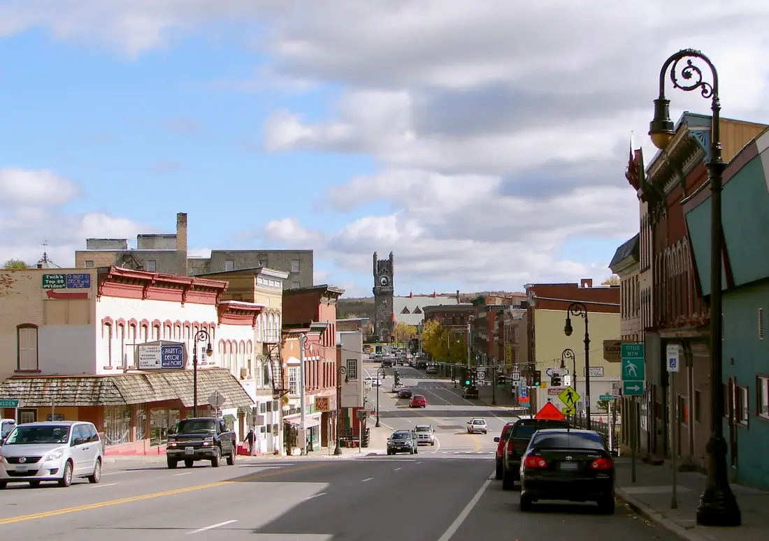 Main Street in Malone, New York, with its brick storefronts