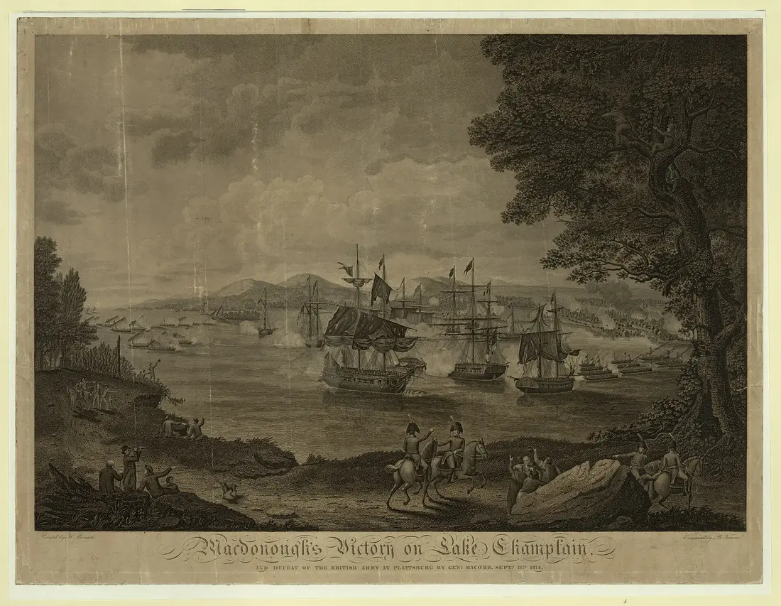 An 1816 engraving of Macdonough's victory on Lake Champlain at the Battle of Plattsburgh, 1814