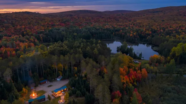 The forest and the pond near The Modern Tiny Home at dusk, from the air