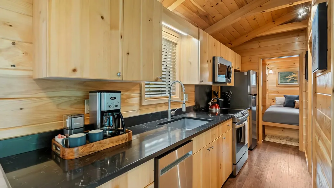 The Modern Pine's kitchen, looking toward the bedrooms